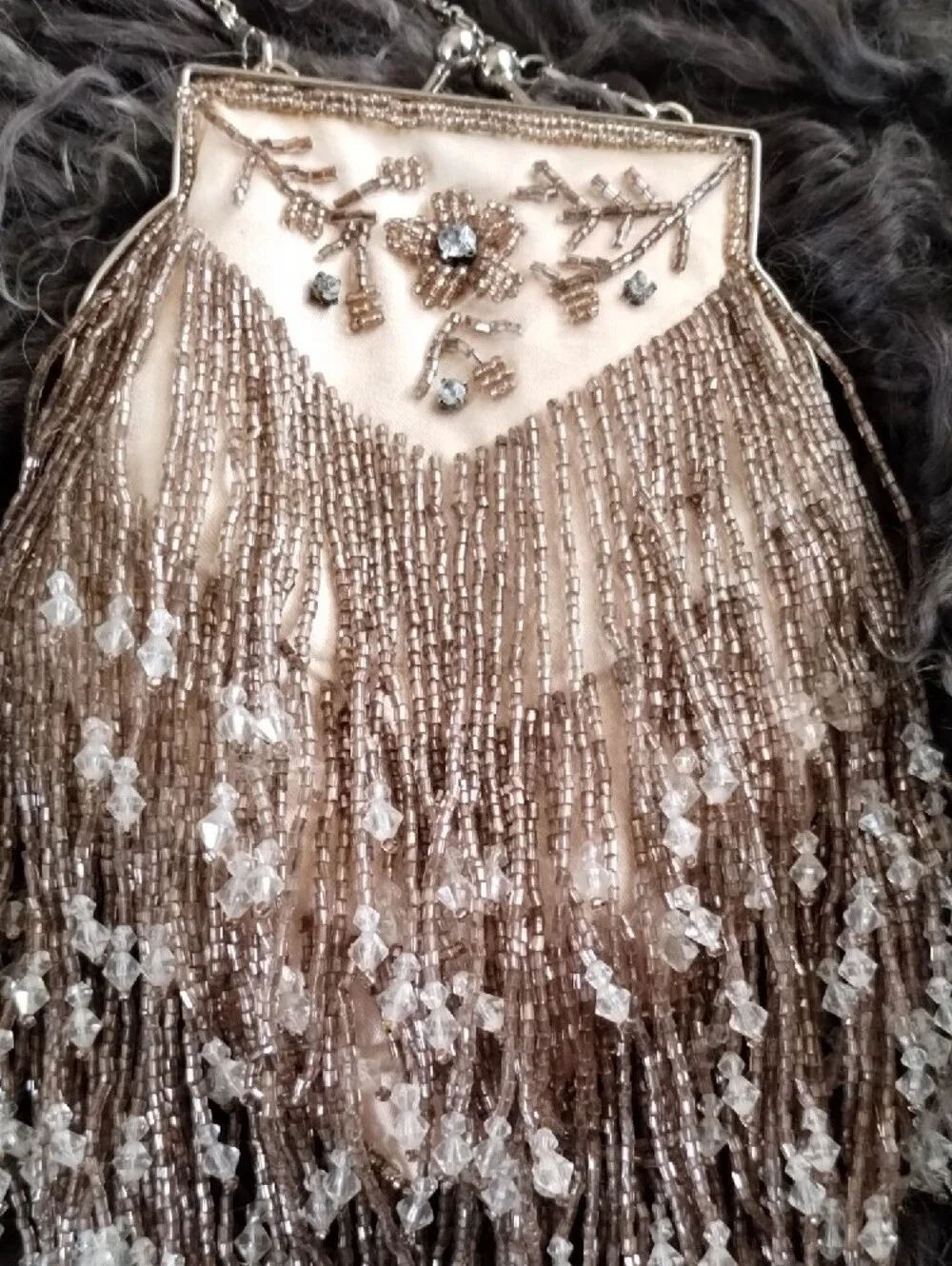 Beaded Fringe Evening Clutch in Champagne Pink